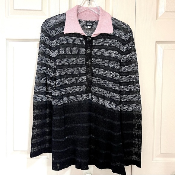 Elaris Hand-Loomed Black & White Collared Sweater - Picture 1 of 14